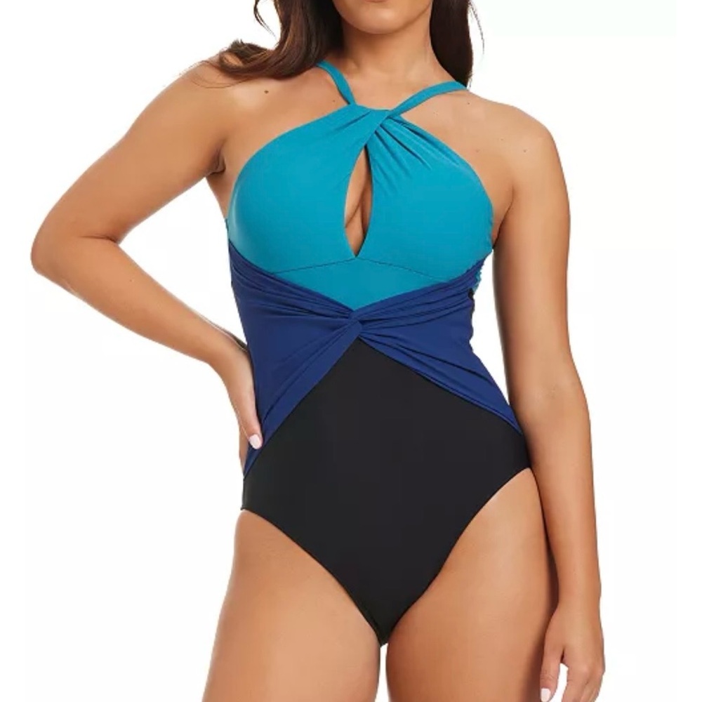 Elegant Teal and Navy One-Piece Swimsuit
